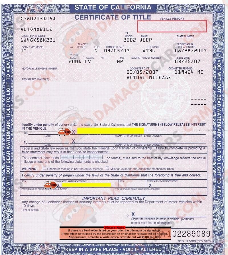 assignment of vehicle title